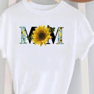 Lovely Sunflower MOM logo Printed Round Neck Short-Sleeved T-Shirt Size L